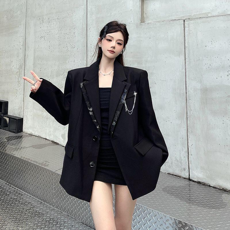 Niche Design Black Blazer for Women Spring Autumn Loose Fit Patchwork Fake Two Piece Shoulder Padded Fashion Outerwear XL
Niche Design Black Blazer for Women Spring Autumn Loose Fit Patchwork Fake Two Piece Shoulder Padded Fashion Outerwear XL