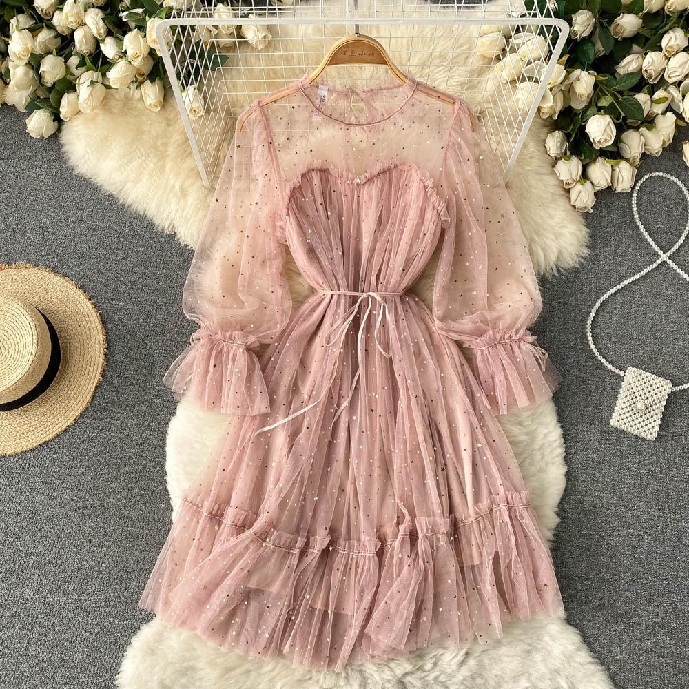 GMXIA Женская мода весна-осень однотонный принт длинный рукав О-образный вырез высокая талия повседневные платья Uniform size розовый