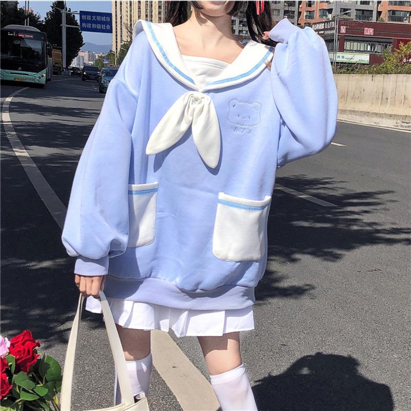 Японский консервативный стиль JK студенческий женский свитер с бантом и галстуком-матросским воротником с вышивкой медведя Kawaii толстовки 
Японский консервативный стиль JK студенческий женский свитер с бантом и галстуком-матросским воротником с вышивкой медведя Kawaii толстовки