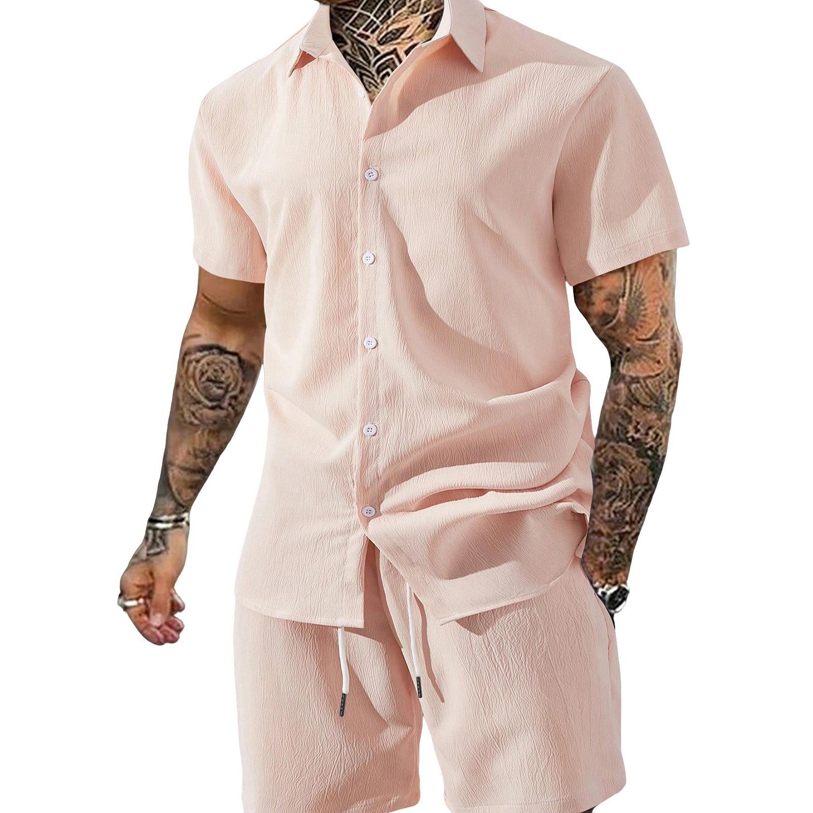 Men s Summer -Color Collared Button-Down Shirt And Shorts Set L
Men s Summer -Color Collared Button-Down Shirt And Shorts Set L