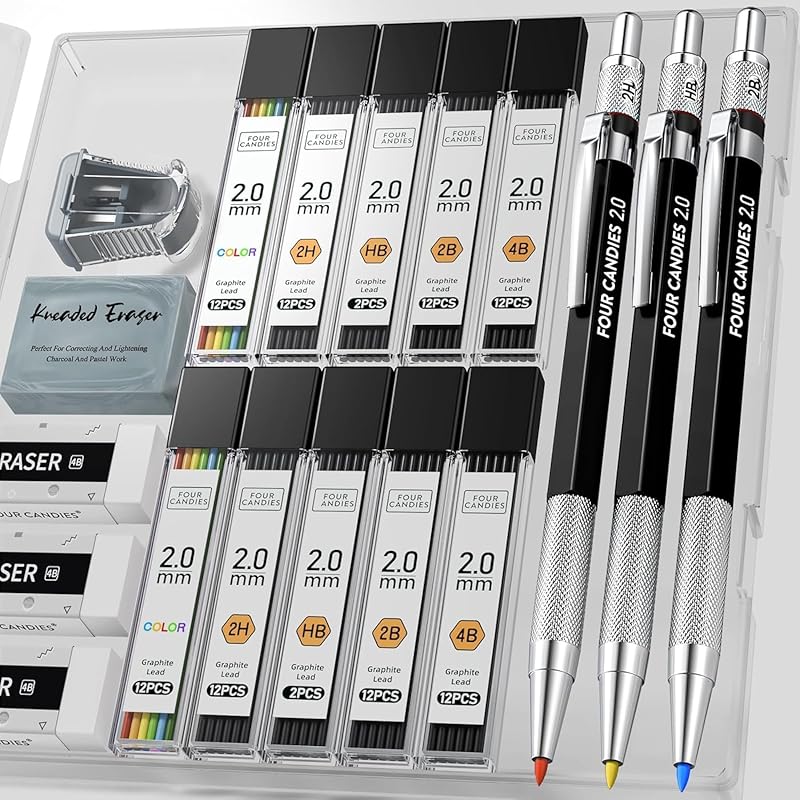 Four Candies 2mm mechanical pencil set of 3 metal mechanical pencil wick holder 120 refills included (HB 2H 2B 4B color core) writing Drafting for
Four Candies 2mm mechanical pencil set of 3 metal mechanical pencil wick holder 120 refills included (HB 2H 2B 4B color core) writing Drafting for