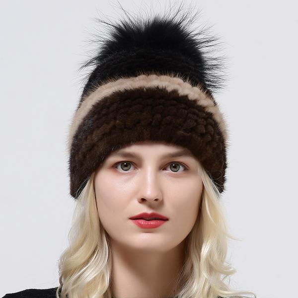 Зимняя шапка с помпоном из меха для женщин, полосатая вязаная теплая шапка, молодежная шапка-бини One Size