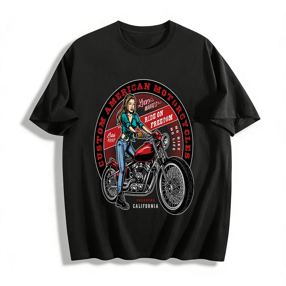 Vintage American Motorcycle Girl Print Tee Custom Moto Casual Top Pure cotton T-shirt XXS
Vintage American Motorcycle Girl Print Tee Custom Moto Casual Top Pure cotton T-shirt XXS