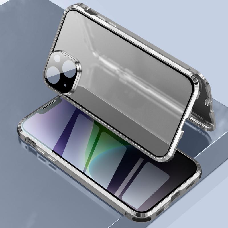 For iPhone 14 Anti-drop Phone Cover Four Corners Protection Double-Sided Magnetic Metal Frame Anti-Spy Phone Case with Lock Buckle Design Silver
For iPhone 14 Anti-drop Phone Cover Four Corners Protection Double-Sided Magnetic Metal Frame Anti-Spy Phone Case with Lock Buckle Design Silver