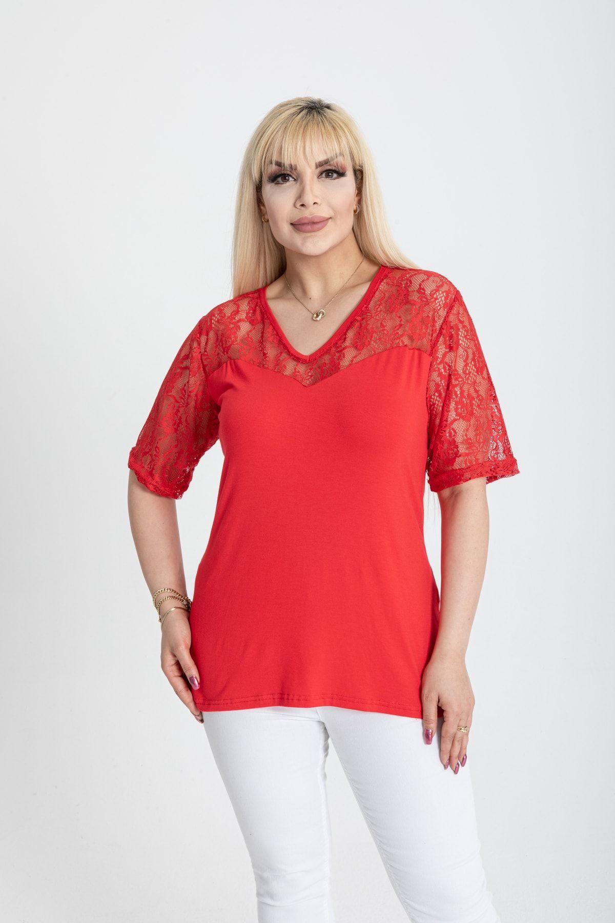Women s Big Size Blouse Red Lace Detailed Sweetheart Neckline Plus Size Blouse XL/2XL 
Women s Big Size Blouse Red Lace Detailed Sweetheart Neckline Plus Size Blouse XL/2XL