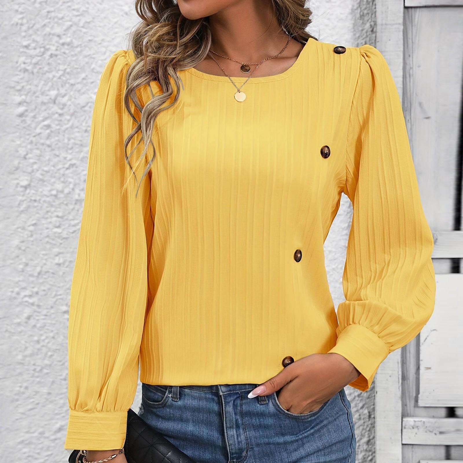 Женская повседневная однотонная рубашка с круглым вырезом и имитацией пуговиц с длинными рукавами XL жёлтый
Женская повседневная однотонная рубашка с круглым вырезом и имитацией пуговиц с длинными рукавами XL жёлтый