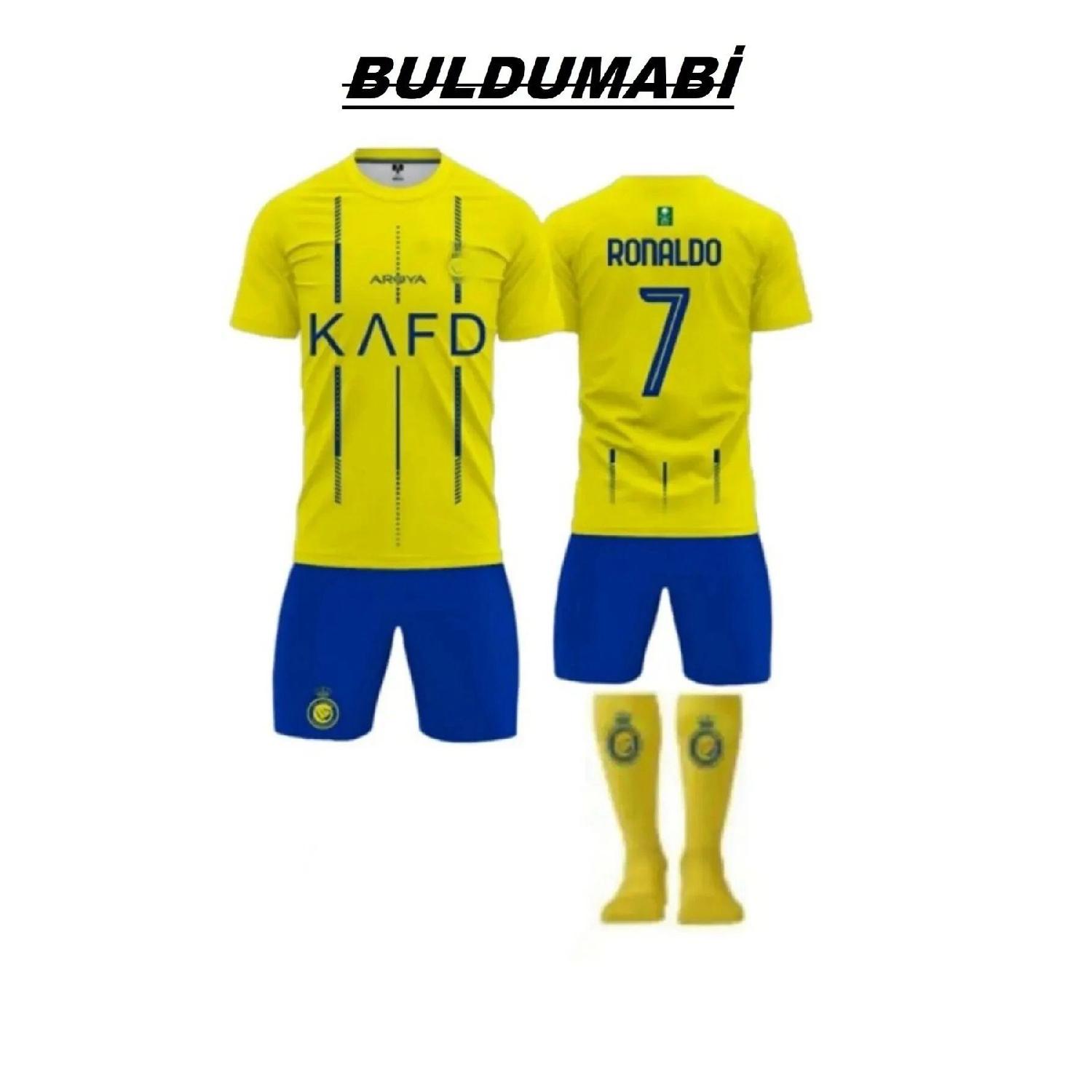 Детская футболка специального дизайна Ronaldo Al Nassr 2022/23, желтая футболка из джерси Astroturf, шорты, носки с вышивкой, набор из 4 шт.
Детская футболка специального дизайна Ronaldo Al Nassr 2022/23, желтая футболка из джерси Astroturf, шорты, носки с вышивкой, набор из 4 шт.