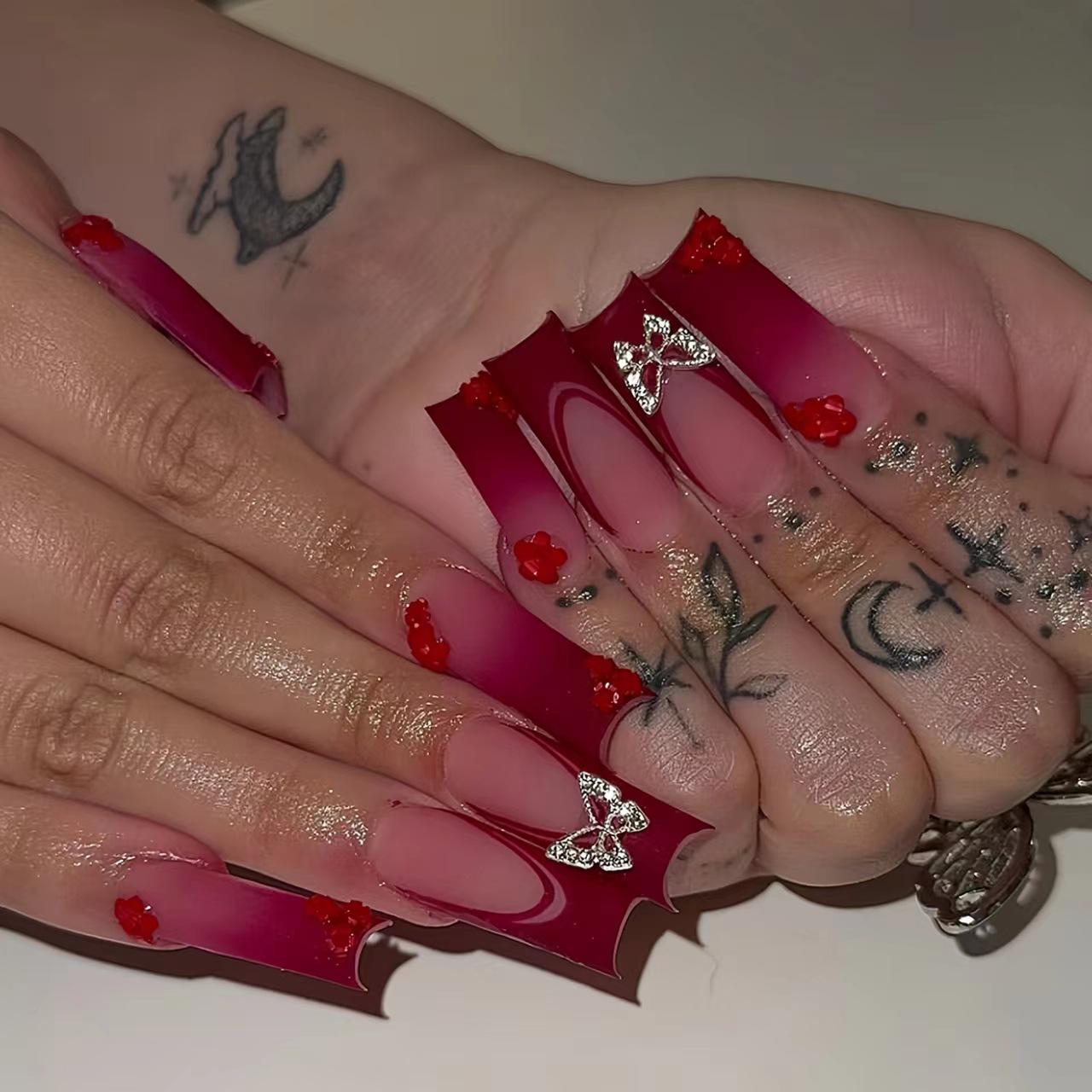 European & American Style Blood Red French Long Butterfly Nails with Diamond Accents - Detachable & Wearable Press-On Nails.
European & American Style Blood Red French Long Butterfly Nails with Diamond Accents - Detachable & Wearable Press-On Nails.