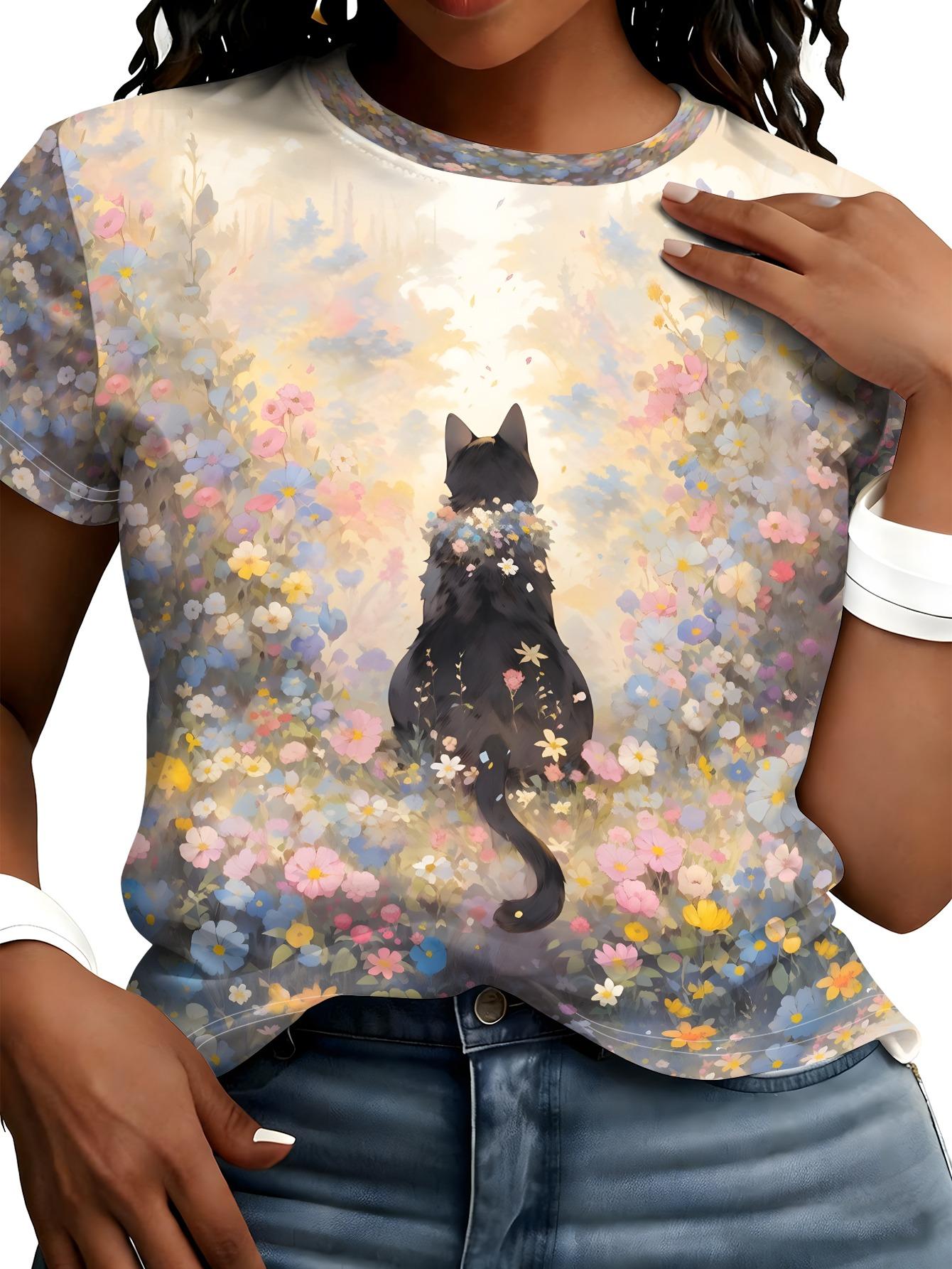 Watercolor Floral Sea Black Cat Print T-Shirt. Floral Wreath Black Cat And Floral Art Short Sleeve Top 2XL дубильна кора
Watercolor Floral Sea Black Cat Print T-Shirt. Floral Wreath Black Cat And Floral Art Short Sleeve Top 2XL дубильна кора