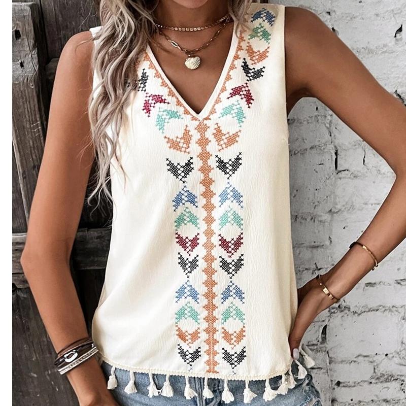 2023 Женский летний этнический стиль V-образный вышивочный панно с подолом мехового жилета топ 
2023 Женский летний этнический стиль V-образный вышивочный панно с подолом мехового жилета топ