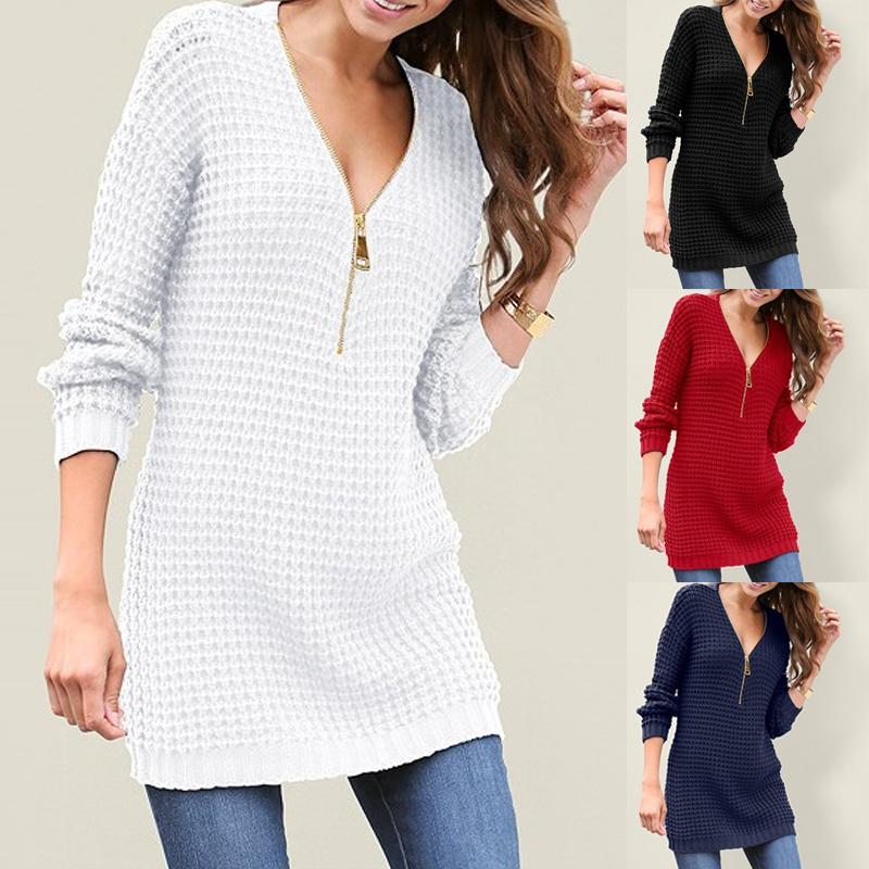 Осень Зима Женщины Твердая молния Трикотаж Пуловер Свитер Платье Плюс Размер 
Осень Зима Женщины Твердая молния Трикотаж Пуловер Свитер Платье Плюс Размер