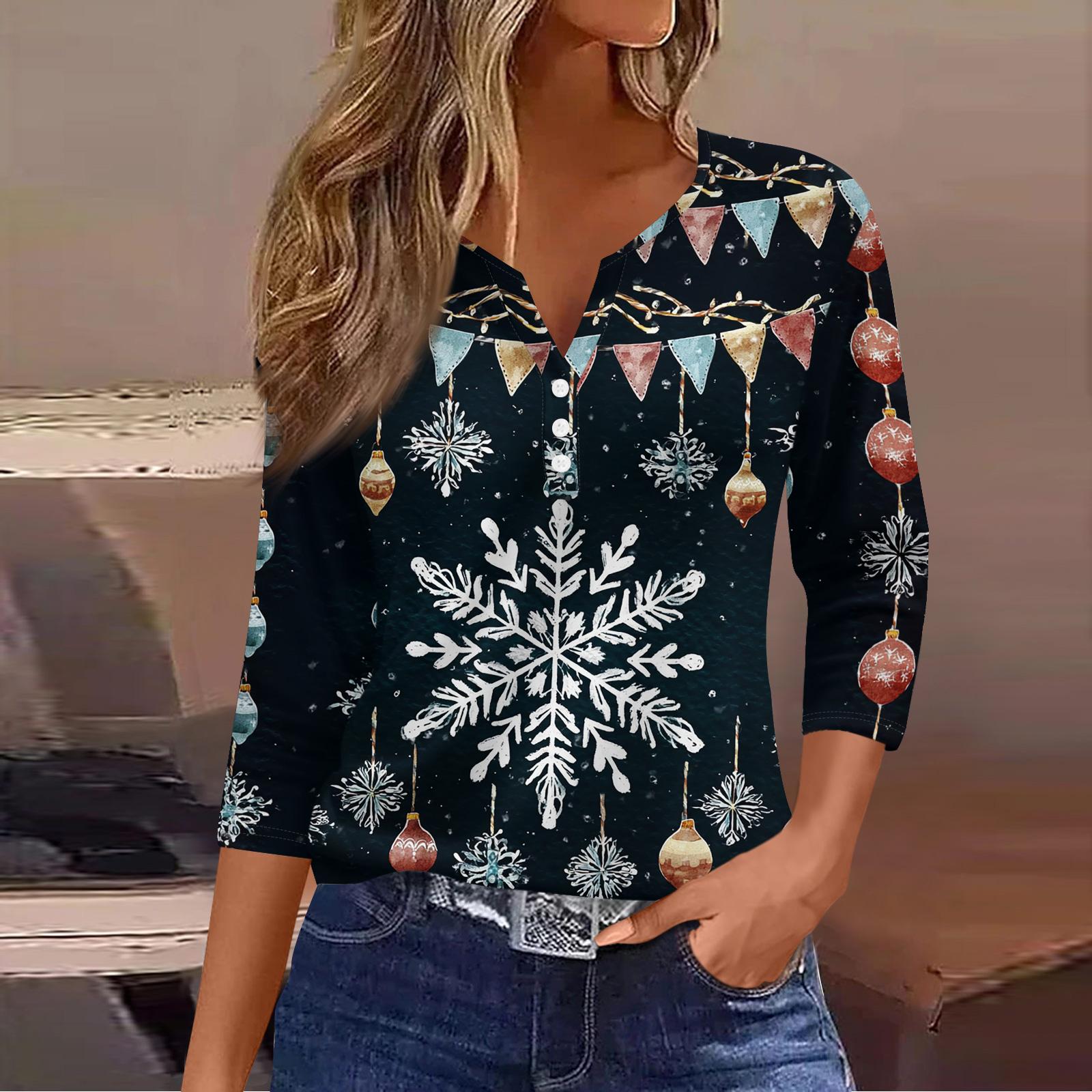 Женская модная повседневная футболка с принтом рождественской елки, V-образным вырезом, декоративными пуговицами и рукавом три четверти L
Женская модная повседневная футболка с принтом рождественской елки, V-образным вырезом, декоративными пуговицами и рукавом три четверти L