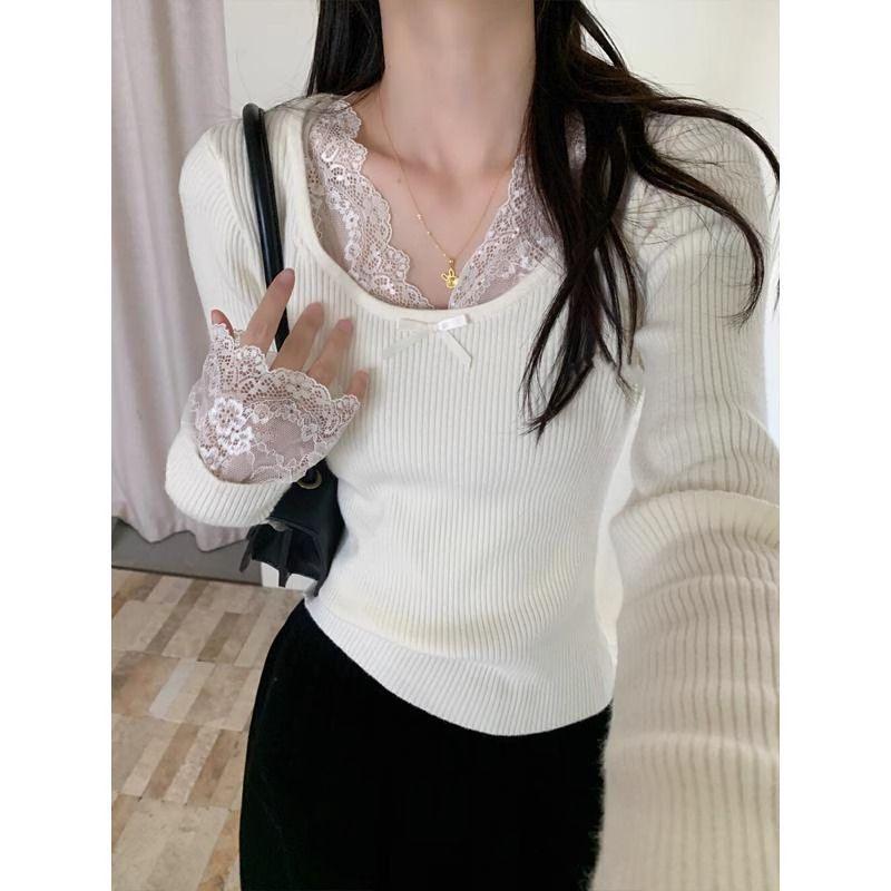 White Lace Patchwork Knit Long-Sleeve Top for Women - Elegant Slim Fit for Spring and Autumn One size
White Lace Patchwork Knit Long-Sleeve Top for Women - Elegant Slim Fit for Spring and Autumn One size