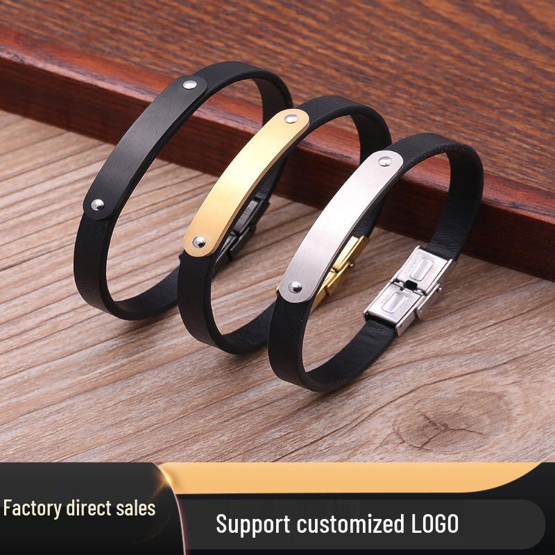 Adjustable Stainless Steel Leather Bracelet with Engravable Riveted Iron Buckle Contact for other sizes
Adjustable Stainless Steel Leather Bracelet with Engravable Riveted Iron Buckle Contact for other sizes