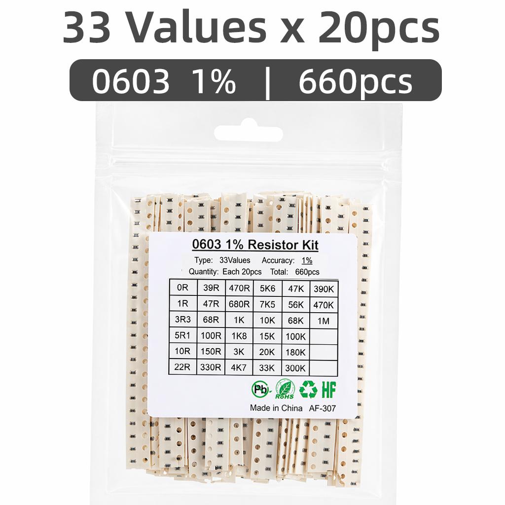SMD Resistor Kit 170Values 0201 0402 0603 0805 1206 1% 0R-10M Ohm Assortment Sample Book Chip Resistor DIY Electronic Components 0603 33valuesX20pcs
SMD Resistor Kit 170Values 0201 0402 0603 0805 1206 1% 0R-10M Ohm Assortment Sample Book Chip Resistor DIY Electronic Components 0603 33valuesX20pcs