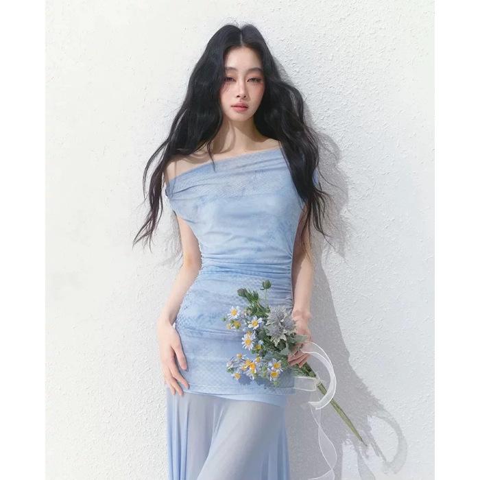 Elegant Blue Tie-Dye One-Shoulder Dress with Patchwork Slim Mesh Skirt - Summer 2026 XS
Elegant Blue Tie-Dye One-Shoulder Dress with Patchwork Slim Mesh Skirt - Summer 2026 XS