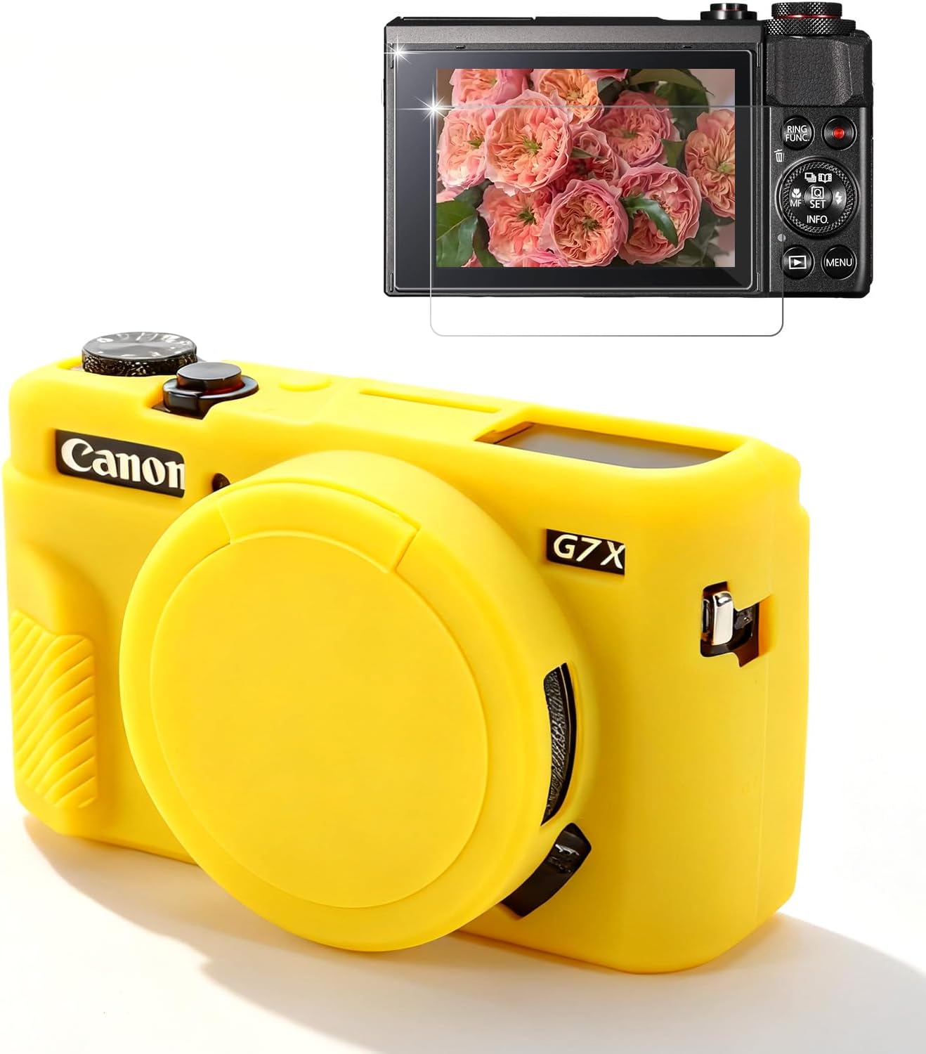 Silicone Case for Canon G7X Mark II – Removable Lens Cap + Screen Protector 2-pack жовтий
Silicone Case for Canon G7X Mark II – Removable Lens Cap + Screen Protector 2-pack жовтий