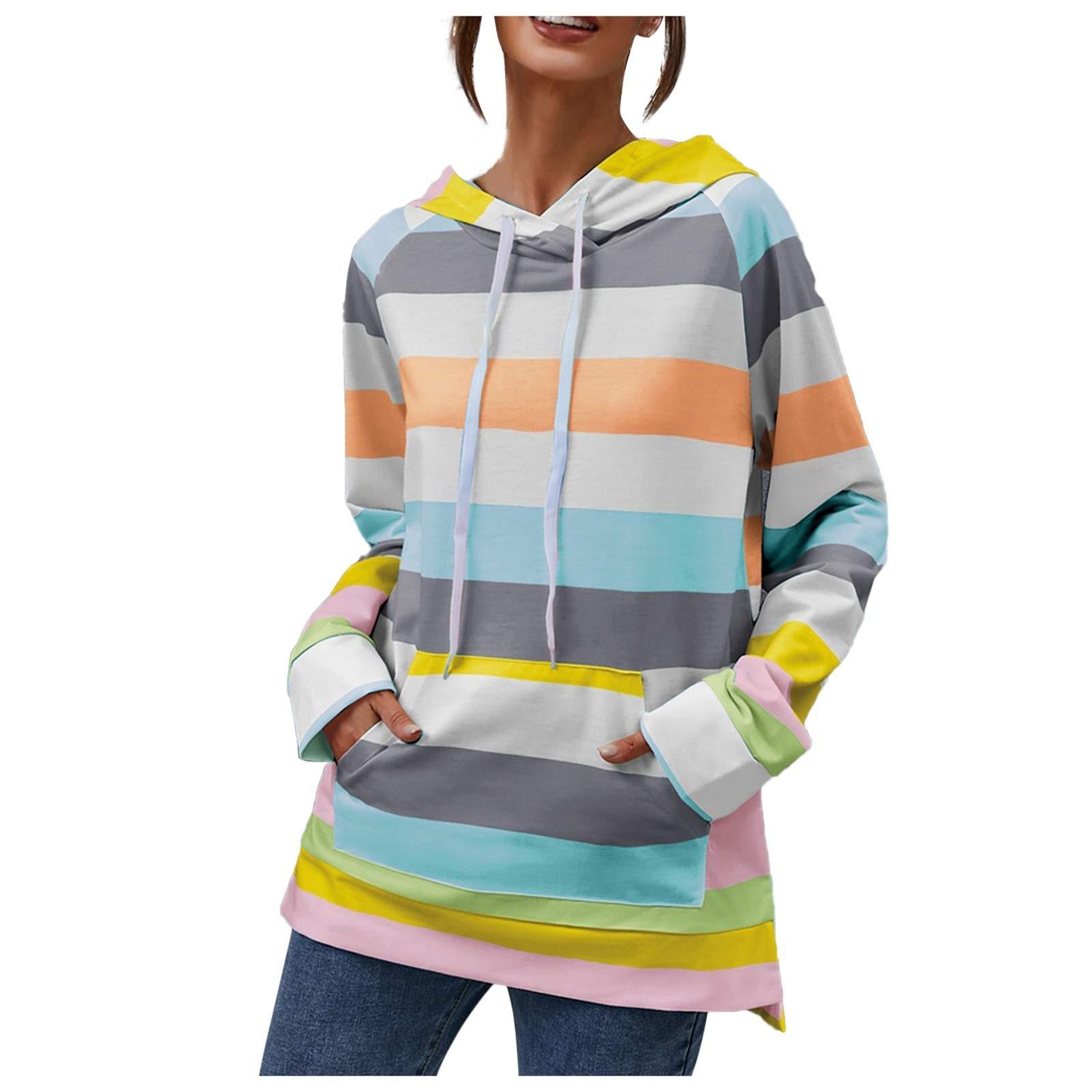 Женская мода Радужный принт в полоску с капюшоном и завязками Повседневный свитшот Топ XL жёлтый
