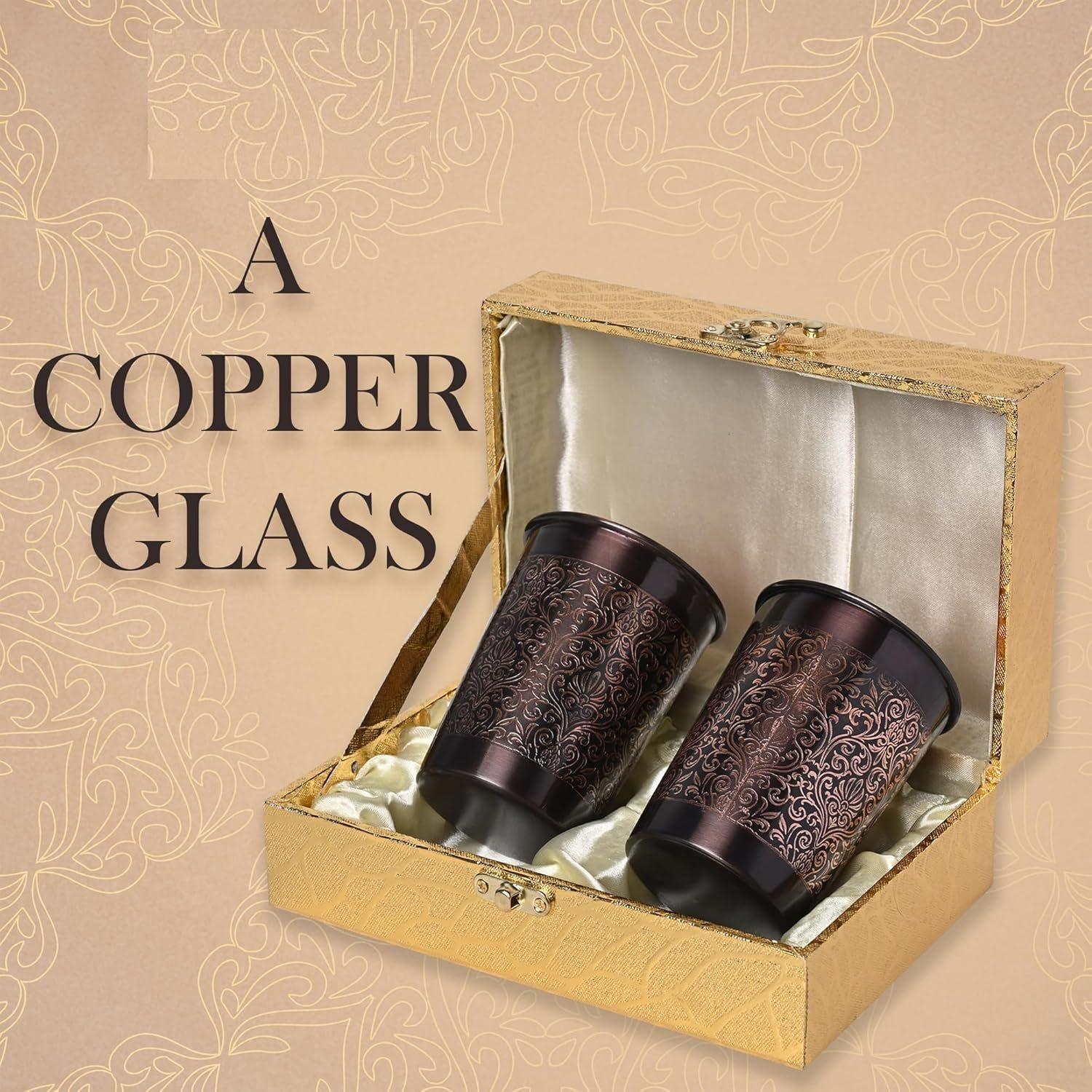Decorative India Copper Carving Royal Design Black Antique Finish Set Of Two Glass With Gold Gift Box, 250 ML
Decorative India Copper Carving Royal Design Black Antique Finish Set Of Two Glass With Gold Gift Box, 250 ML