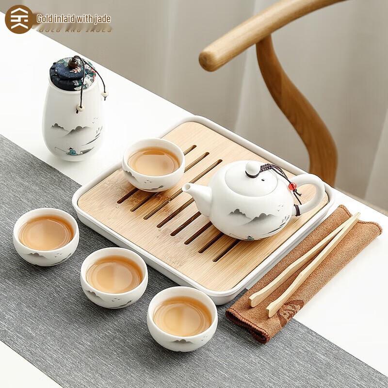 Gold-Inlaid Jade Portable Ceramic Tea Set
Gold-Inlaid Jade Portable Ceramic Tea Set