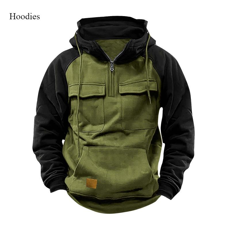 Мужская осенне-зимняя толстовка с капюшоном, контрастная молния, много карманов, повседневное пальто с длинными рукавами, модная спортивная куртка для активного отдыха 3XL армия зеленый