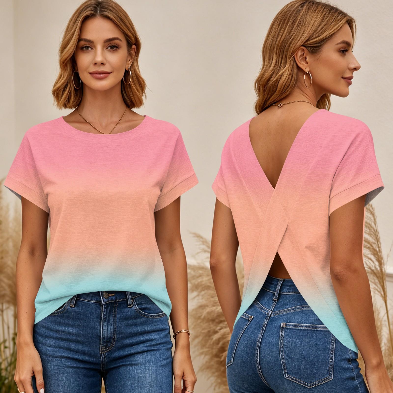 Women Short Sleeve T-Shirt Gradient Print Cross Back Open Back Top Casual Lightweight Summer Tee L розовый
Women Short Sleeve T-Shirt Gradient Print Cross Back Open Back Top Casual Lightweight Summer Tee L розовый
