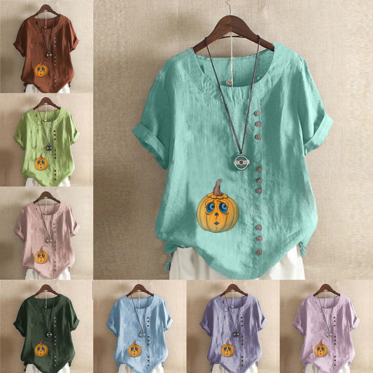 Women s Fashion Round Neck Short Sleeve T-shirt Casual Cotton Linen Graphic Shirt Leisure Loose Pumpkin Lantern Prined Summer Blouse Tops
Women s Fashion Round Neck Short Sleeve T-shirt Casual Cotton Linen Graphic Shirt Leisure Loose Pumpkin Lantern Prined Summer Blouse Tops