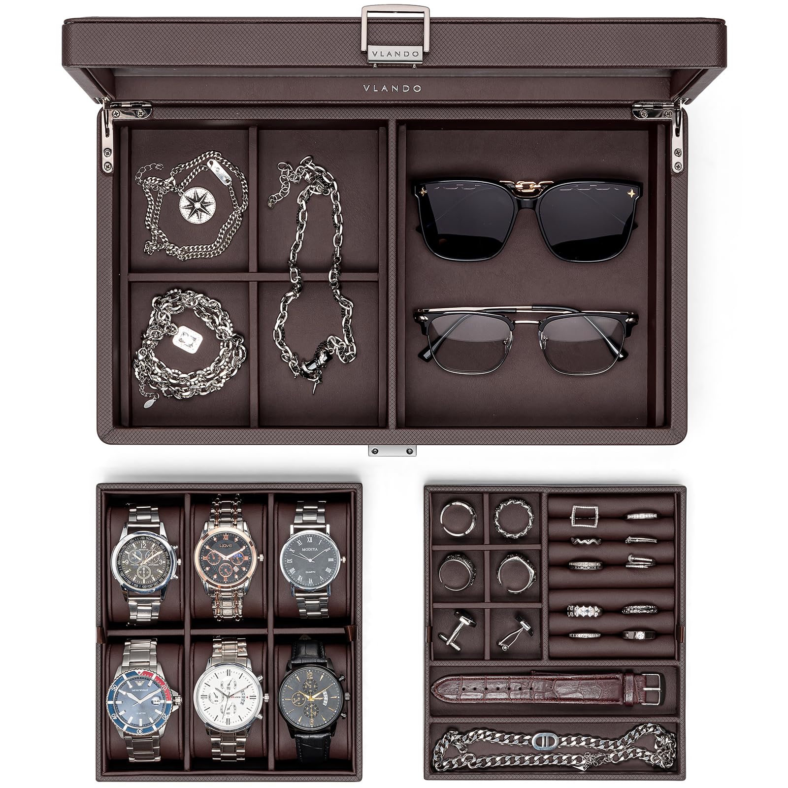 Vlando Футляр для часов на 6 слотов из ПУ с замком, мужская коробка для хранения аксессуаров, коробка для часов со съемными разделителями для стекла, подарок на день рождения, кольца, браслеты,
Vlando Футляр для часов на 6 слотов из ПУ с замком, мужская коробка для хранения аксессуаров, коробка для часов со съемными разделителями для стекла, подарок на день рождения, кольца, браслеты,