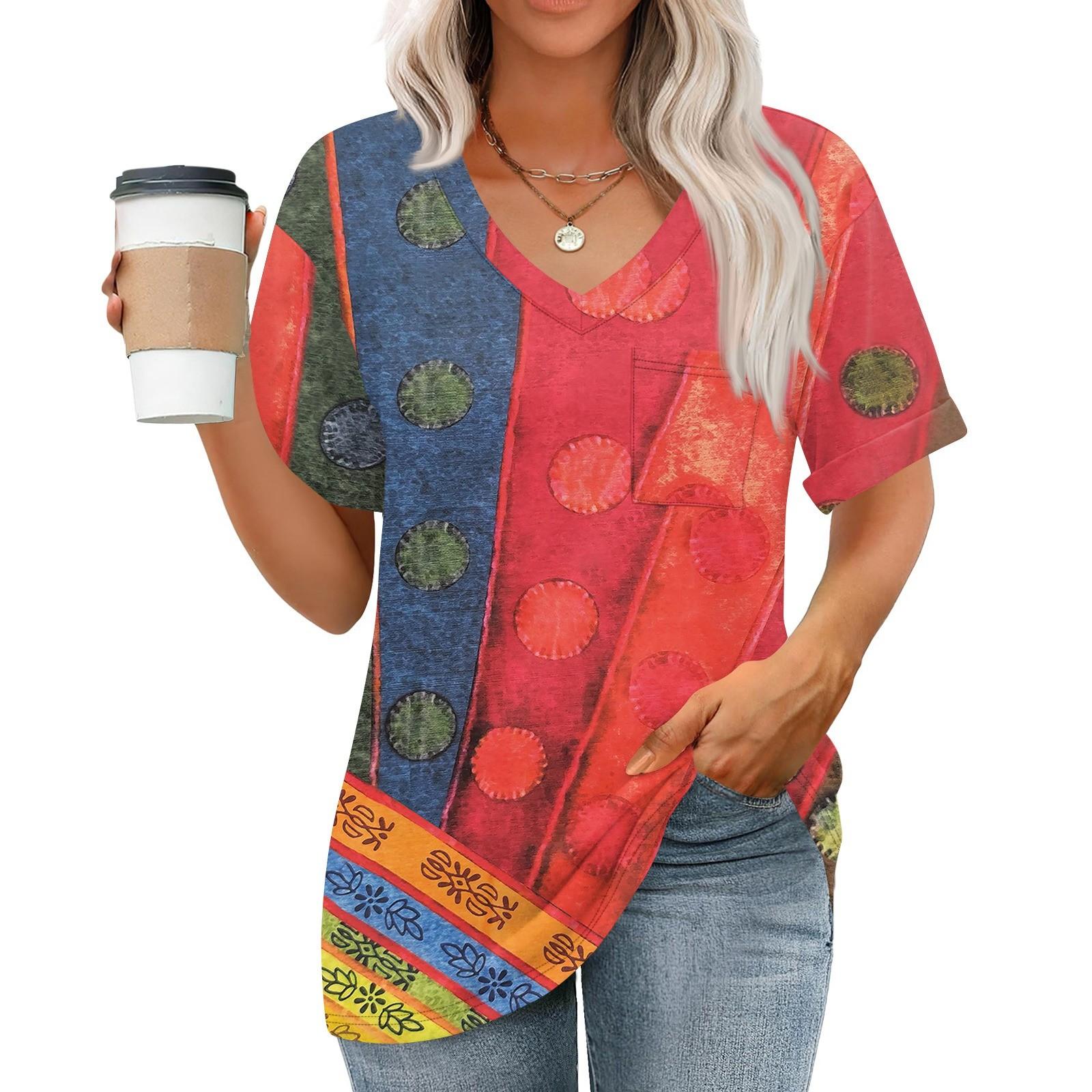 Жіночі топи з V-подібним вирізом і короткими рукавами, повсякденні модні туніки з принтом і кишенями XXL Кіновар
Жіночі топи з V-подібним вирізом і короткими рукавами, повсякденні модні туніки з принтом і кишенями XXL Кіновар