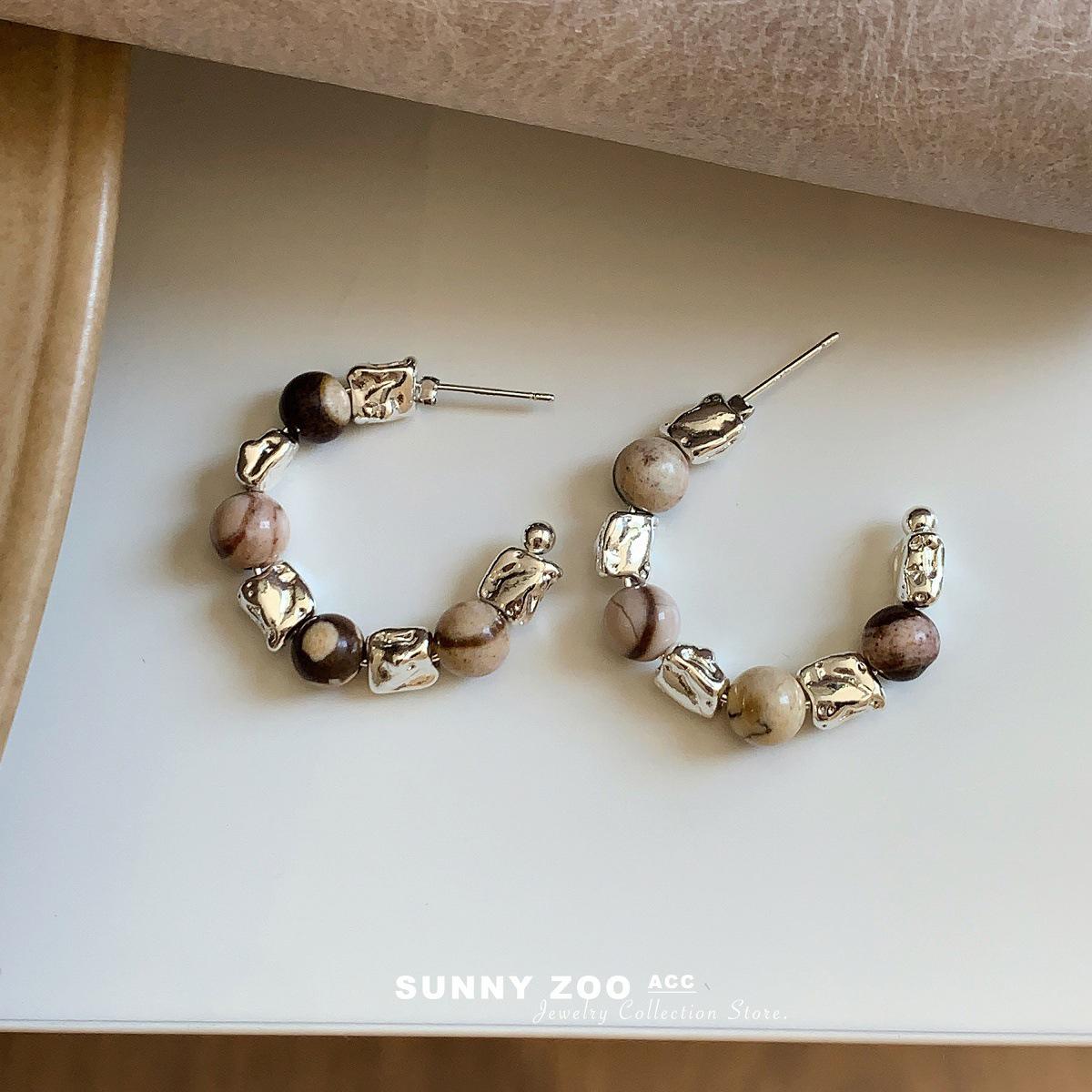 Натуральный Розовый Камень Канифоли Серебряные Китайские Серьги C-образной Формы: Ретро Этнический Стиль Вкладыши