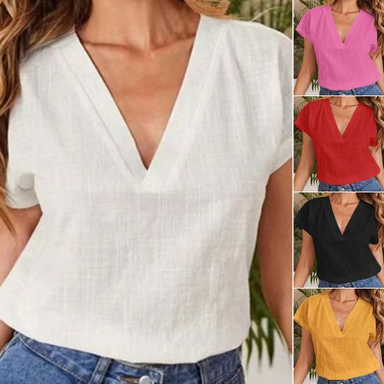 Дышащая простая футболка с v-образным вырезом и коротким рукавом, женский однотонный пуловер, топ
Дышащая простая футболка с v-образным вырезом и коротким рукавом, женский однотонный пуловер, топ