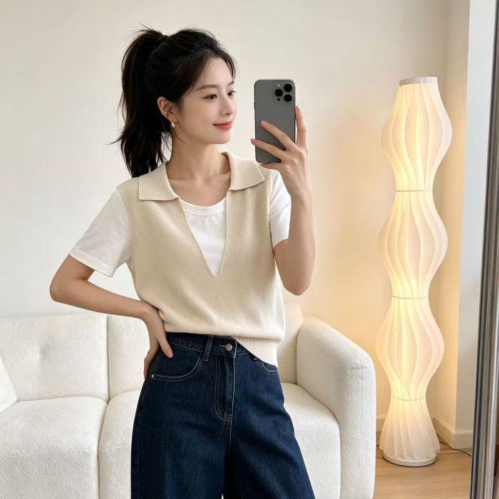 Soft Wind-blown Collar Patchwork Double-layer Short-sleeved T-shirt for Women, Summer New Style, Youthful and Versatile Top, Knitted Sweater One size
Soft Wind-blown Collar Patchwork Double-layer Short-sleeved T-shirt for Women, Summer New Style, Youthful and Versatile Top, Knitted Sweater One size