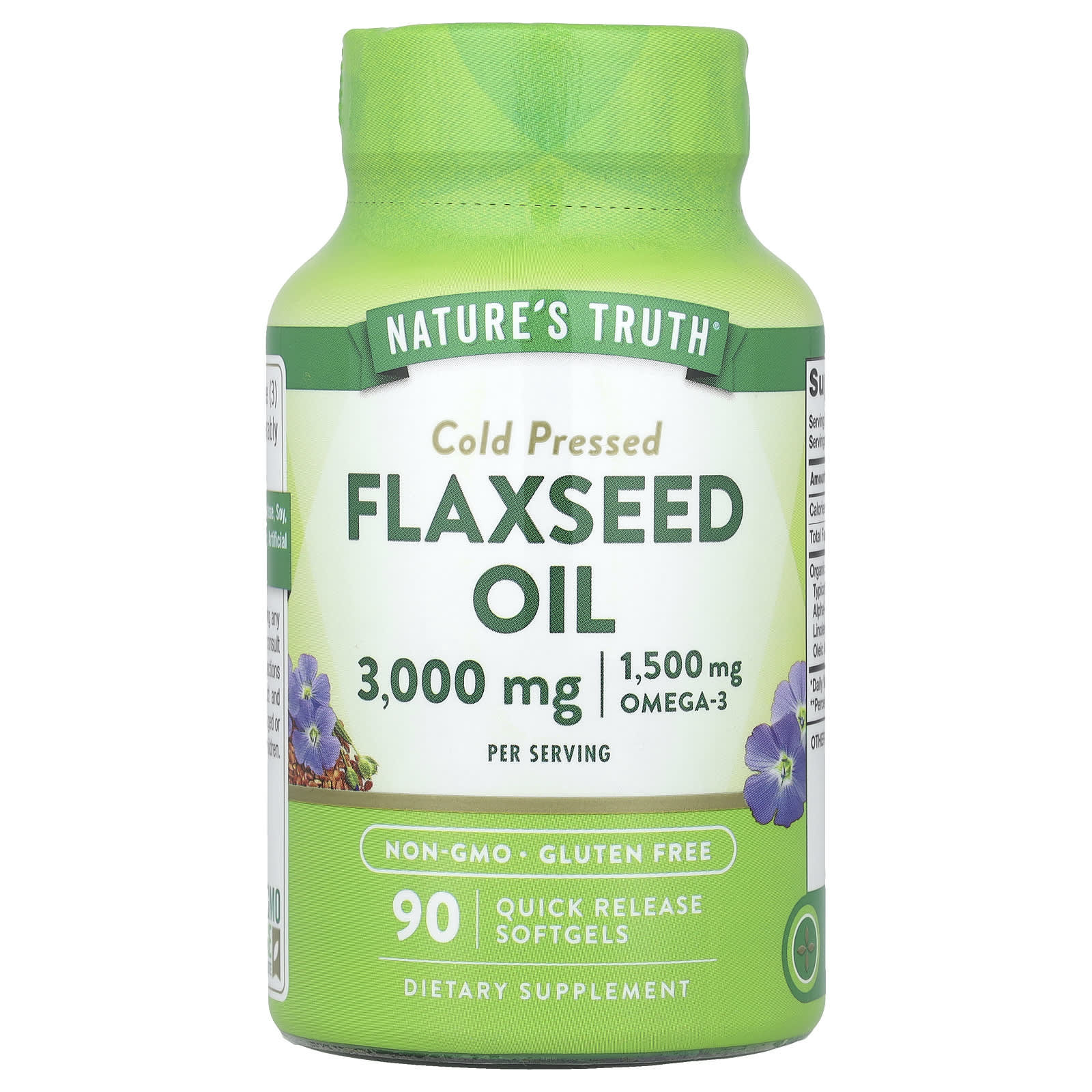 Nature S Truth, Flaxseed Oil, Cold Pressed, 3,000Mg, 90 Rapid Release Softgels (1,000Mg per Softgel)
Nature S Truth, Flaxseed Oil, Cold Pressed, 3,000Mg, 90 Rapid Release Softgels (1,000Mg per Softgel)