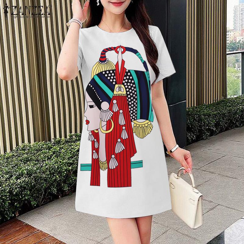 ZANZEA Женское повседневное летнее платье с круглым вырезом и коротким рукавом с принтом 
ZANZEA Женское повседневное летнее платье с круглым вырезом и коротким рукавом с принтом