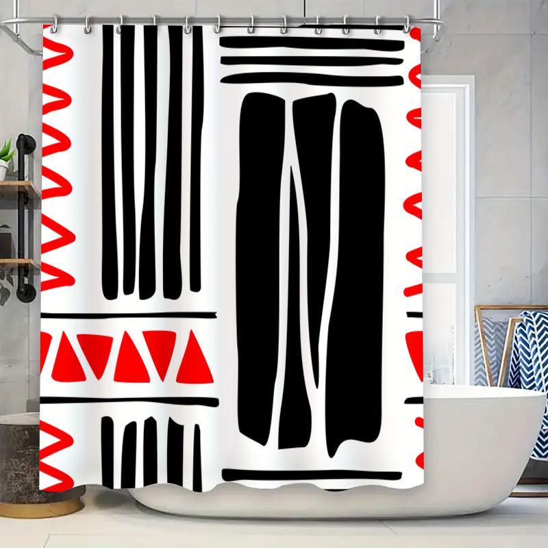 Stylish Bathroom Decor: Red And Black Geometric Shower Curtain With White Stripes For A Modern Touch. W60H190(CM)-1 Pcs
Stylish Bathroom Decor: Red And Black Geometric Shower Curtain With White Stripes For A Modern Touch. W60H190(CM)-1 Pcs