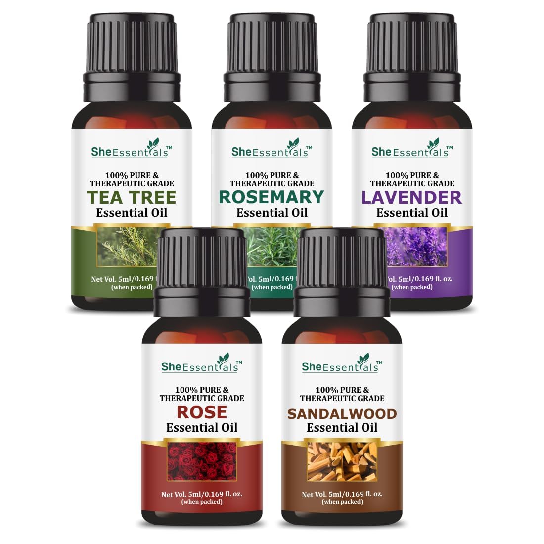She Essentials Tea Tree, Rosemary, Lavender, Rose & Sandalwood Essential Oils | For Skin, Face, Hair & Aromatherapy | Reduces Acne, Wrinkles
She Essentials Tea Tree, Rosemary, Lavender, Rose & Sandalwood Essential Oils | For Skin, Face, Hair & Aromatherapy | Reduces Acne, Wrinkles