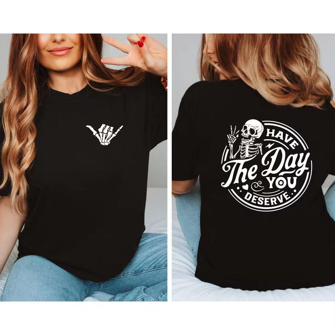 Футболка «Have The Day You Deserve» для женщин, забавная футболка со скелетом и миром, футболка с круглым вырезом из хлопка, летняя женская одежда S чёрный
Футболка «Have The Day You Deserve» для женщин, забавная футболка со скелетом и миром, футболка с круглым вырезом из хлопка, летняя женская одежда S чёрный