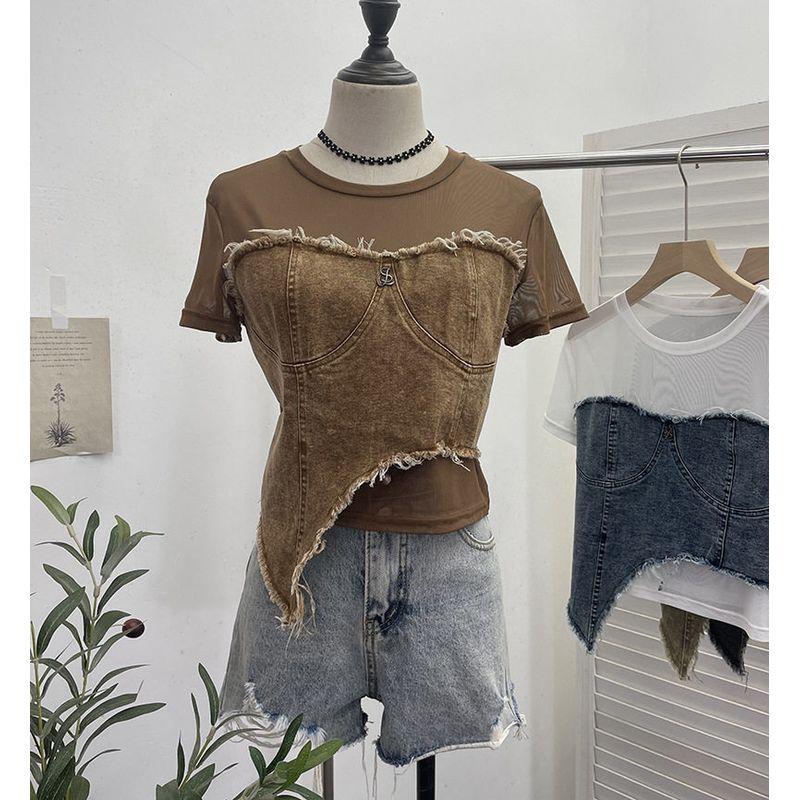 Real Shot of Denim Patchwork Mesh Short-Sleeve T-Shirt, Fashionable Irregular Short High-Waisted Slim-Fit Top for Summer 26171 Coffee Color One size fits all
Real Shot of Denim Patchwork Mesh Short-Sleeve T-Shirt, Fashionable Irregular Short High-Waisted Slim-Fit Top for Summer 26171 Coffee Color One size fits all