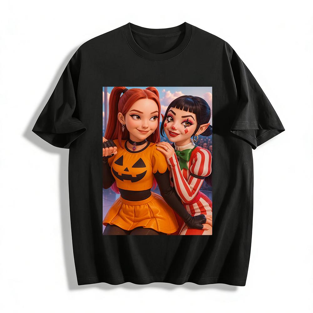 Halloween Themed Pumpkin Clown Double Girls Print Top Casual Loose Crew Neck Pullover Pure cotton T-shirt XXS
Halloween Themed Pumpkin Clown Double Girls Print Top Casual Loose Crew Neck Pullover Pure cotton T-shirt XXS