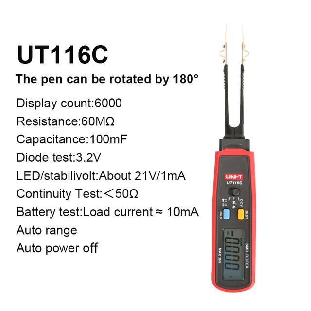 UNI-T UT116C SMD Tester 36V Voltage Battery Measurement Rotable Tweezer LED Diode Multimeter Resistor Capacitor Tester UT116C
UNI-T UT116C SMD Tester 36V Voltage Battery Measurement Rotable Tweezer LED Diode Multimeter Resistor Capacitor Tester UT116C