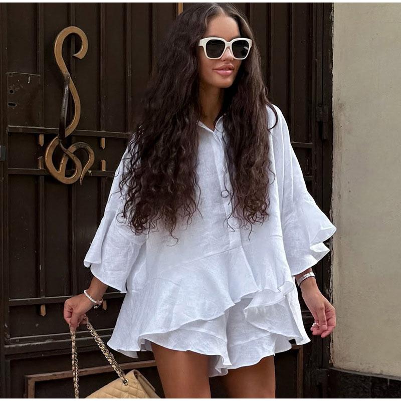 Women s Collar Ruffled Shirt Shorts Set Casual Loose Ruffled Decoration Women s Set Solid Color Summer New Style Daily Commuting Lady Clothing 2L білий
Women s Collar Ruffled Shirt Shorts Set Casual Loose Ruffled Decoration Women s Set Solid Color Summer New Style Daily Commuting Lady Clothing 2L білий