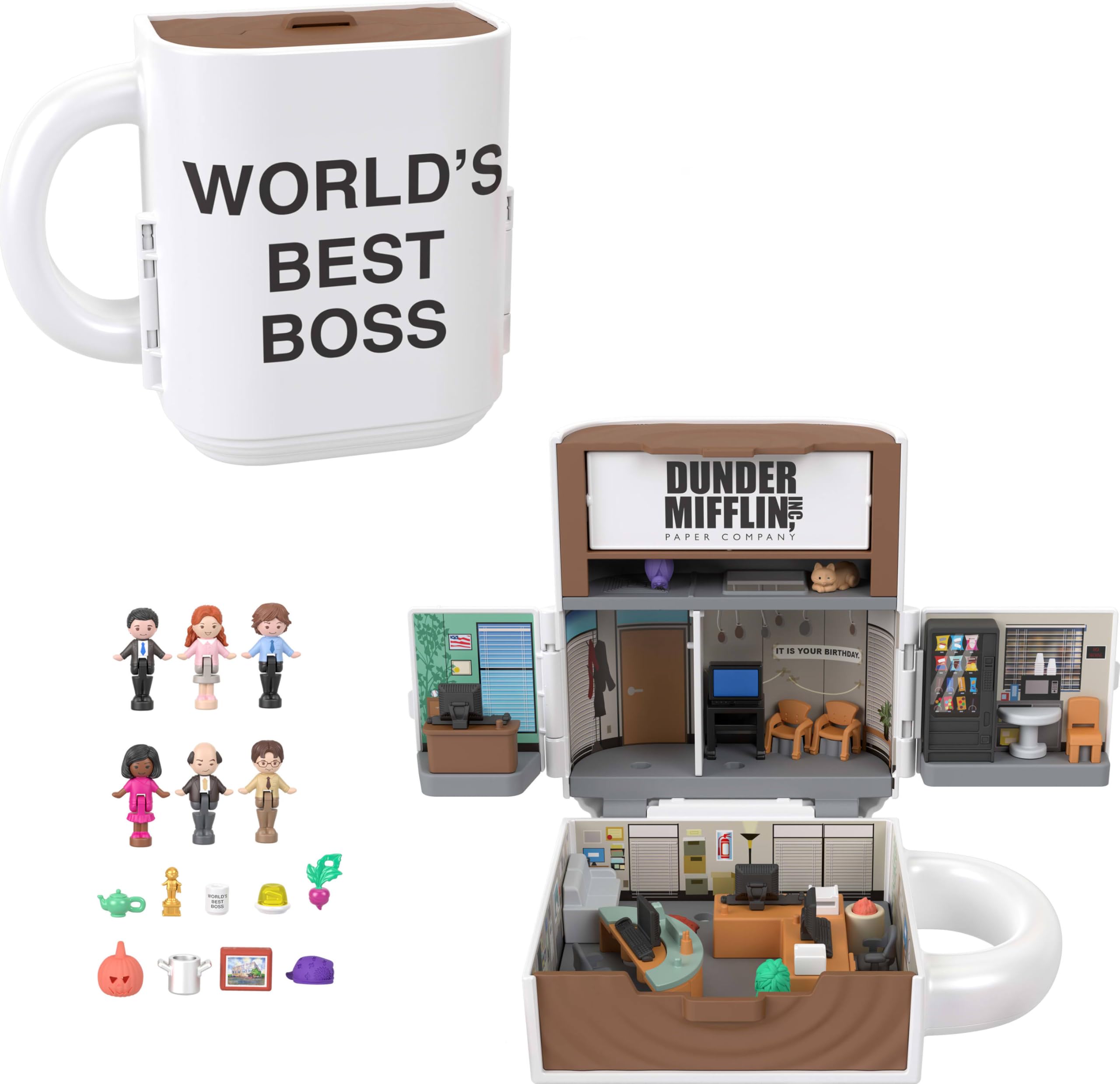 Polly Pocket x The Office Compact Includes 6 character figures and 9 A collection partnership toy with a coffee Playset accessories. mug.
Polly Pocket x The Office Compact Includes 6 character figures and 9 A collection partnership toy with a coffee Playset accessories. mug.