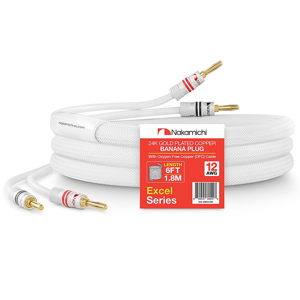 Nakamichi Excel Series 24k Gold-Plated Speaker Cable with Banana Plugs (6 ft) - 99.9% Oxygen-Free Copper (OFC) Heavy-Duty Braided Wire for Amplifiers,
Nakamichi Excel Series 24k Gold-Plated Speaker Cable with Banana Plugs (6 ft) - 99.9% Oxygen-Free Copper (OFC) Heavy-Duty Braided Wire for Amplifiers,
