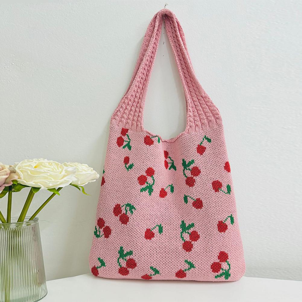 Женская милая сумка на плечо с вишневым принтом, вязаная крючком продуктовая сумка, большая вместительная дорожная сумка для покупок, женская повседневная сумка розовый