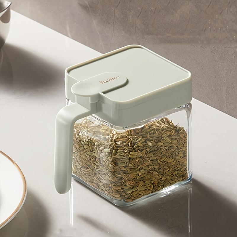 1 шт. Элегантная стеклянная банка для специй с крышкой и ручкой-ложкой, прочная, влагостойкая, конструкция для открывания одной рукой для хранения на кухне зелёный