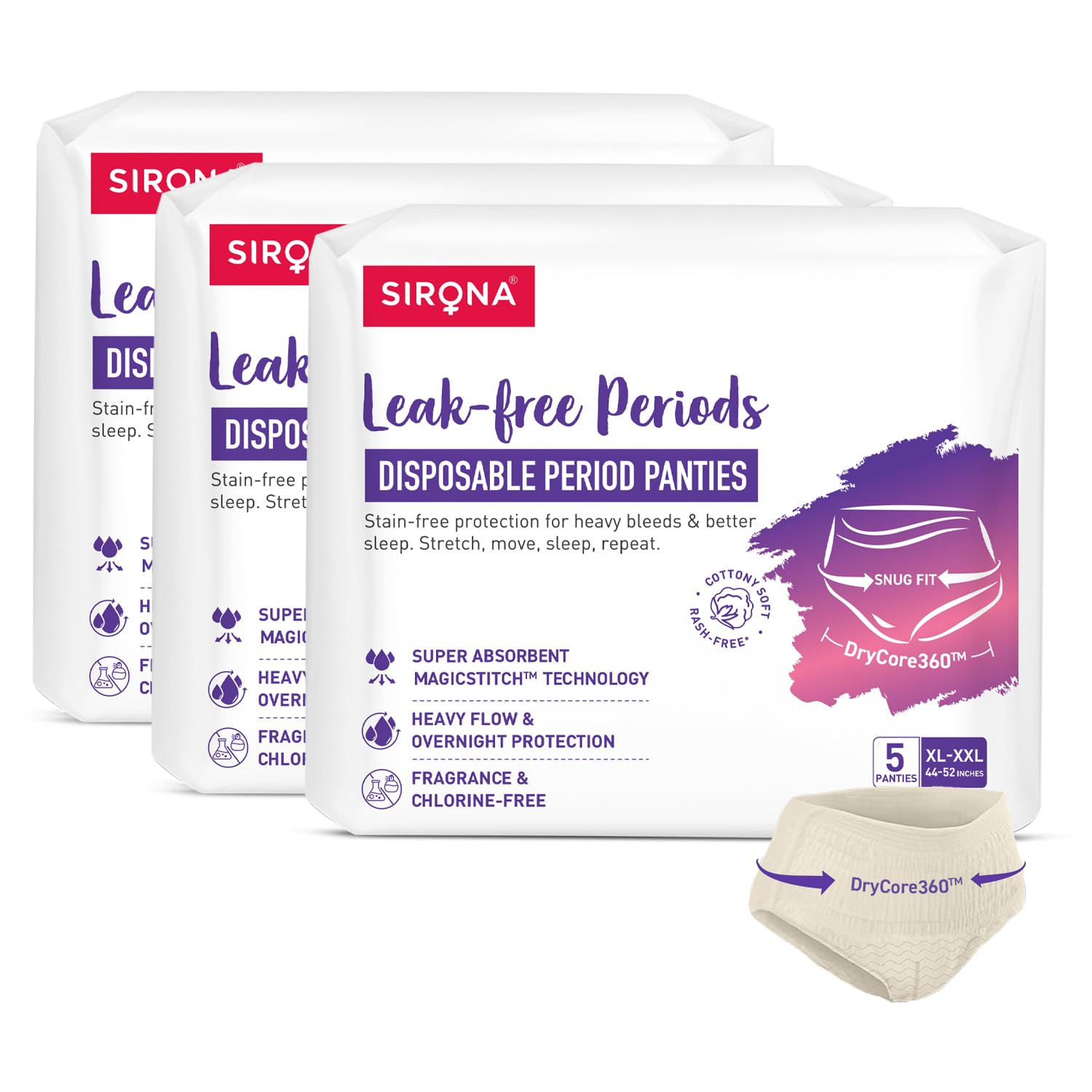 Sirona Disposable Period Panty for Girls & Women | XL-XXL | Pack of 3 | 360° Coverage for Stress Free Periods | Leakage Protection for Heavy Flow
Sirona Disposable Period Panty for Girls & Women | XL-XXL | Pack of 3 | 360° Coverage for Stress Free Periods | Leakage Protection for Heavy Flow
