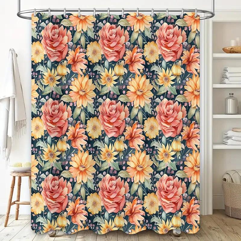 Beautiful Floral Bath Curtains Navy Blue Background With Peachy Pink, Mustard Yellow Coral Orange Flowers Fabric Shower Curtain W60H190(CM)-1 Pcs
Beautiful Floral Bath Curtains Navy Blue Background With Peachy Pink, Mustard Yellow Coral Orange Flowers Fabric Shower Curtain W60H190(CM)-1 Pcs
