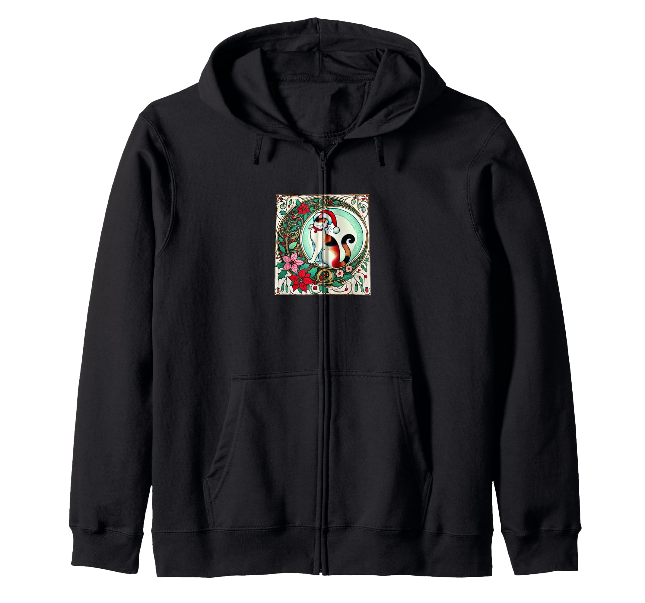 Иллюстрация кошки калико в шапке Санты в стиле ар-нуво, толстовка на молнии с кошкой калико
Иллюстрация кошки калико в шапке Санты в стиле ар-нуво, толстовка на молнии с кошкой калико