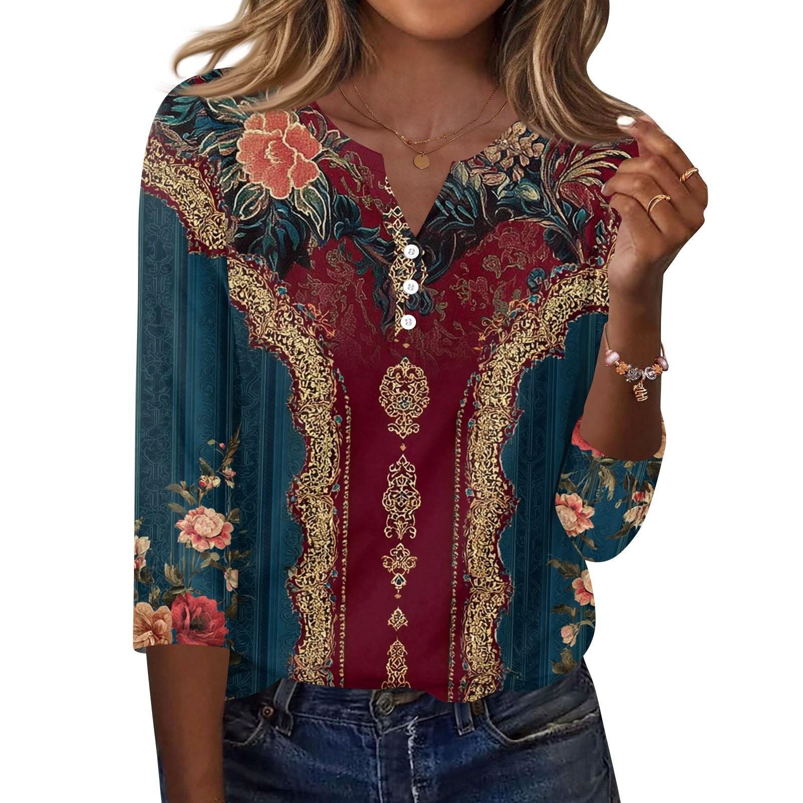 Жіноча футболка з принтом на ґудзиках з рукавами 3/4, щоденна мода на вихідні, звичайний топ із V-подібним вирізом XXL винний
Жіноча футболка з принтом на ґудзиках з рукавами 3/4, щоденна мода на вихідні, звичайний топ із V-подібним вирізом XXL винний