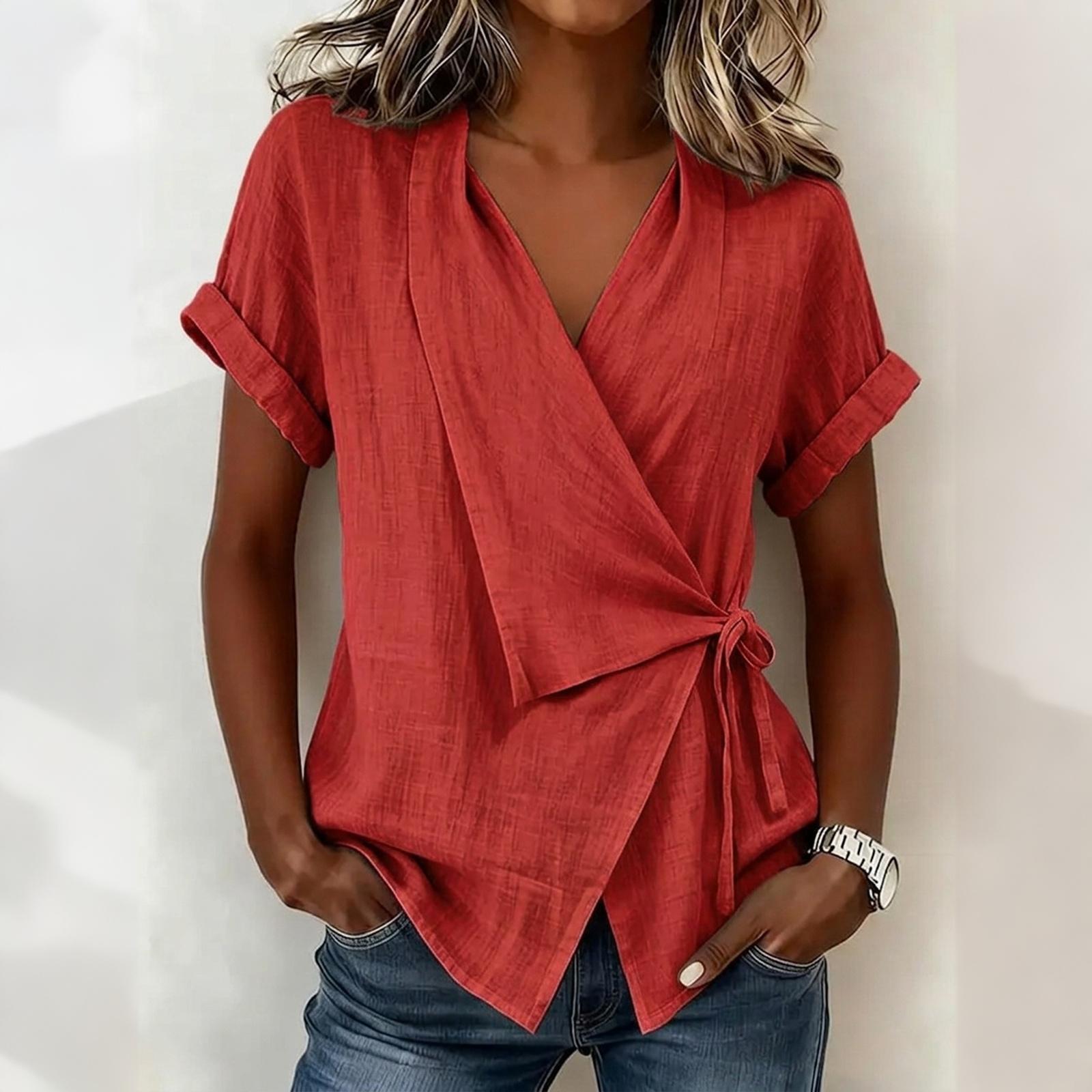 Women Short Sleeve V Neck Wrap Blouse Loose Fit Tie Front Irregular Hem Summer Casual Top M червоний
Women Short Sleeve V Neck Wrap Blouse Loose Fit Tie Front Irregular Hem Summer Casual Top M червоний